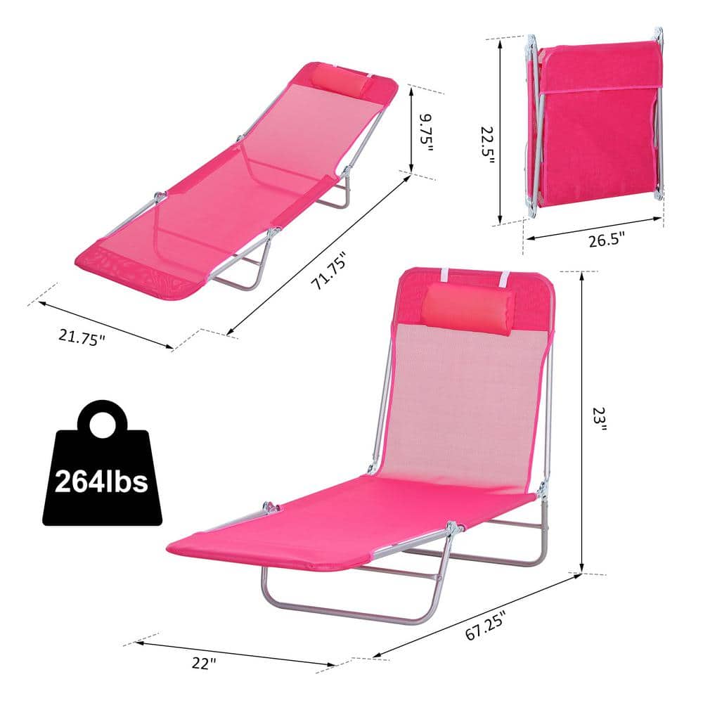 Outsunny Portable Mesh Chaise Lounge Chair, 5-Position Reclining, Pink & Silver