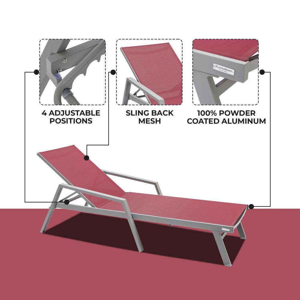 Burgundy Aluminum Outdoor Chaise Lounge Chair with Arms