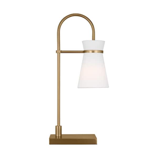 SCOTT LIVING Binx 23 in. Satin Brass Task Table Lamp with White Linen Fabric Shade