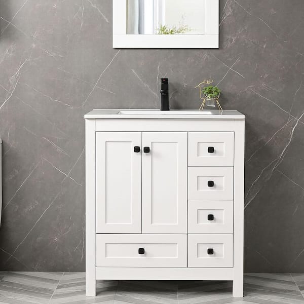 30 in. W x 18.3 in. D x 34 in. H Single Sink Bath Vanity in White with White Ceramic Top and Mirror Drain Faucet Set