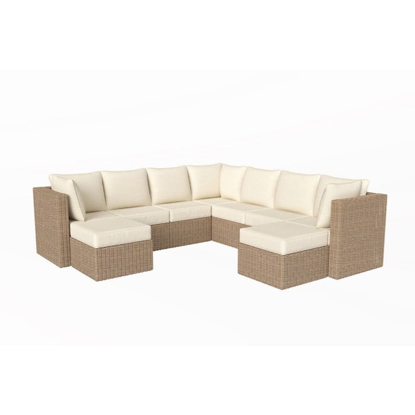 Crystal Ridge Wicker Outdoor 9-Piece Modular Sectional Sofa Set with Almond CushionGuard Cushions