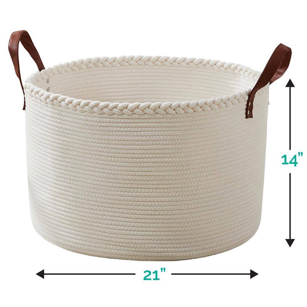 Extra Large Cream Cotton Rope Laundry Hamper with Leather Handles