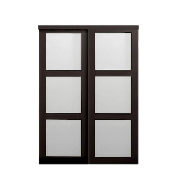 TRUporte 60 in. x 80.5 in. 2290 Series Espresso 3-Lite Tempered Frosted Glass Composite Sliding Door