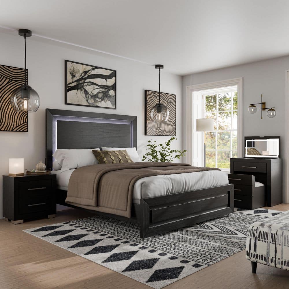 Fairhart 4-Piece Black Wood King Panel Bedroom Set with 2 Nightstands and Convertible Vanity Set price history on PriceWatchPro