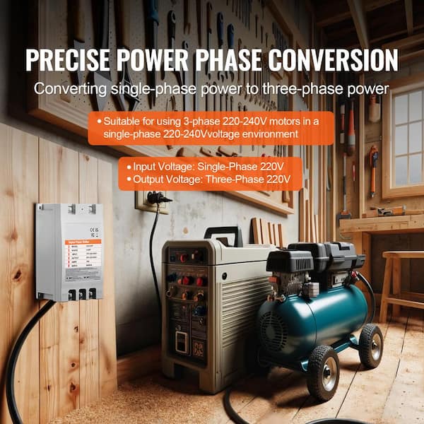 3 Phase Converter, 5HP 15A, 220V Single Phase to 3 Phase, Digital Phase Shifter, 220V-240V Input/Output, Pipe Capacity