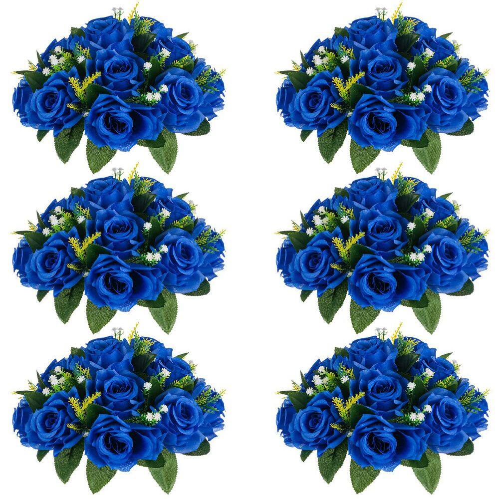 4.75 in. Blue Indoor Artificial Rose Plastic Flower for Decoration 6 ...