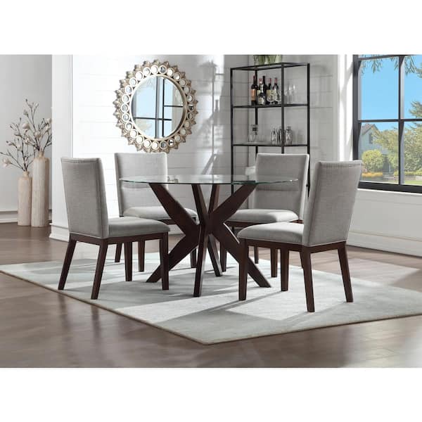 Steve Silver Amalie 48 in. Glass Round Dining Set 5 Pieces with 4 Grey Upholstered Side Chairs