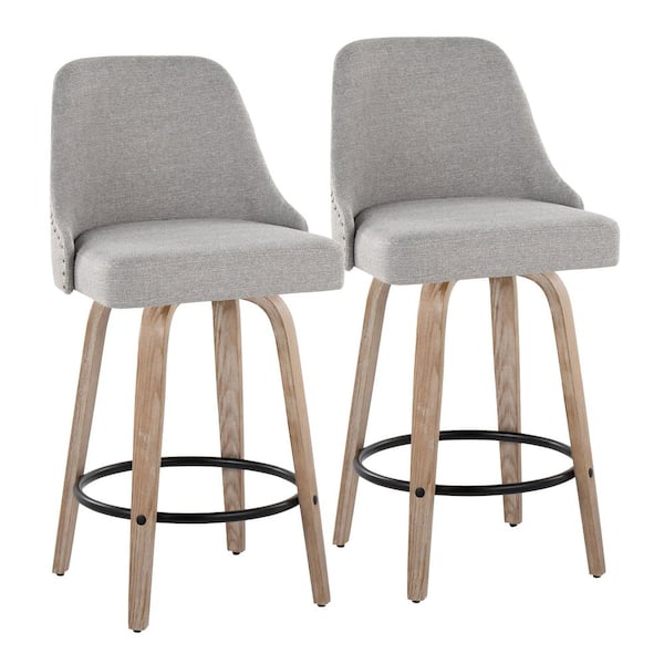 Lumisource Studded Marcel 27" Whitewashed Wood and Light Grey Fabric Fixed-Height Counter Stool with Chrome Footrest (Set of 2) LYW