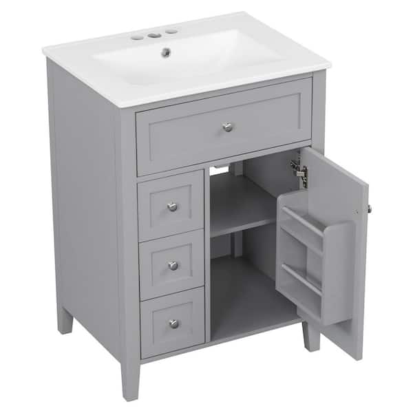 24 in. W Single Sink Freestanding Gray Bath Vanity with White Ceramic Top and Drawers, Unassembled