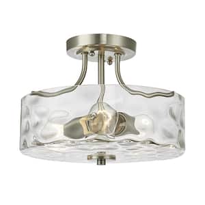 Lumin 13.4 in. 2-Light Brushed Nickel Semi-Flush Mount with Water Glass Shade