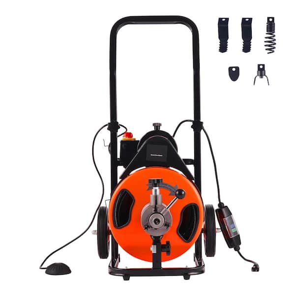 50 ft. x 1/2 in. Drain Cleaning Machine Sewer Auger Auto Feed with 4 Cutter and Air-Activated Foot Switch for Pipes