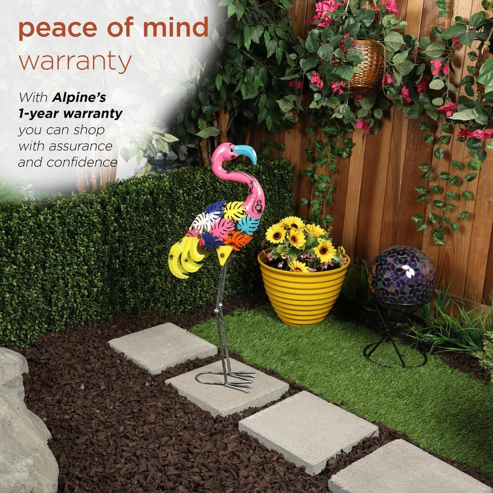 Colorful Metal Flamingo Garden Statue with Palm Leaf Design