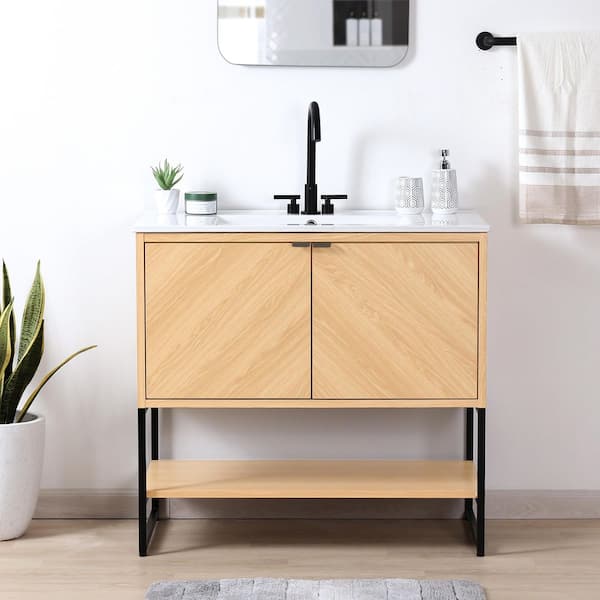 Juhl 35 in. W x 18 in. D x 33 in. H Chevron-Front Modern Minimalist 2-Shelf Bath Vanity Cabinet without Top in Oak