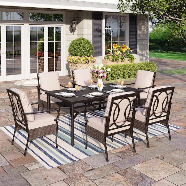 PHI VILLA 7-Piece Metal Patio Outdoor Dining Set With Black Rectangle ...