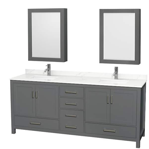 Wyndham Collection Sheffield 80 in. W x 22 in. D x 35 in. H Double Bath Vanity in Dark Gray with Giotto Quartz Top and Mirror