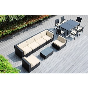 Ohana Black 14-Piece Wicker Patio Conversation Set with Stackable Dining Chairs and Supercrylic Beige Cushions