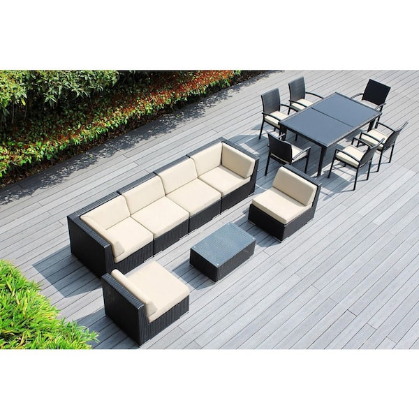 Ohana Depot Ohana Black 14-Piece Wicker Patio Conversation Set with Stackable Dining Chairs and Supercrylic Beige Cushions