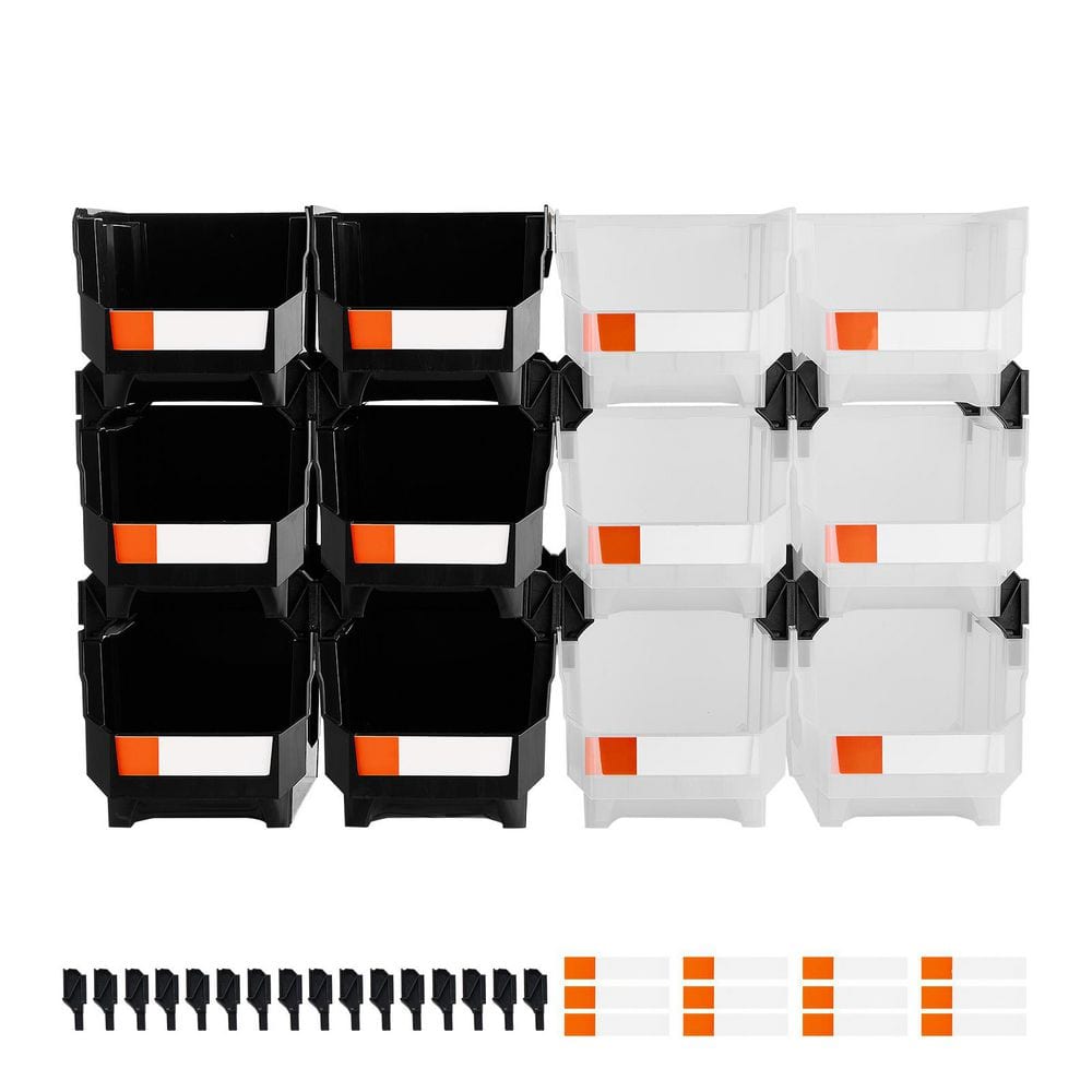 Plastic Stackable Storage Bins, 14.8 x 8.5 x 7.1 in. (12 Pack), for Garage, Small Parts, Office, Black and Transparent price history on PriceWatchPro