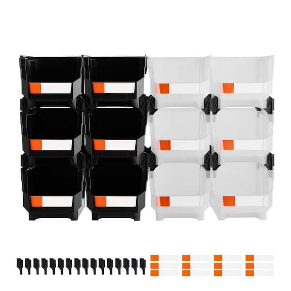 Plastic Stackable Storage Bins, 14.8 x 8.5 x 7.1 in. (12 Pack), for Garage, Small Parts, Office, Black & Transparent.