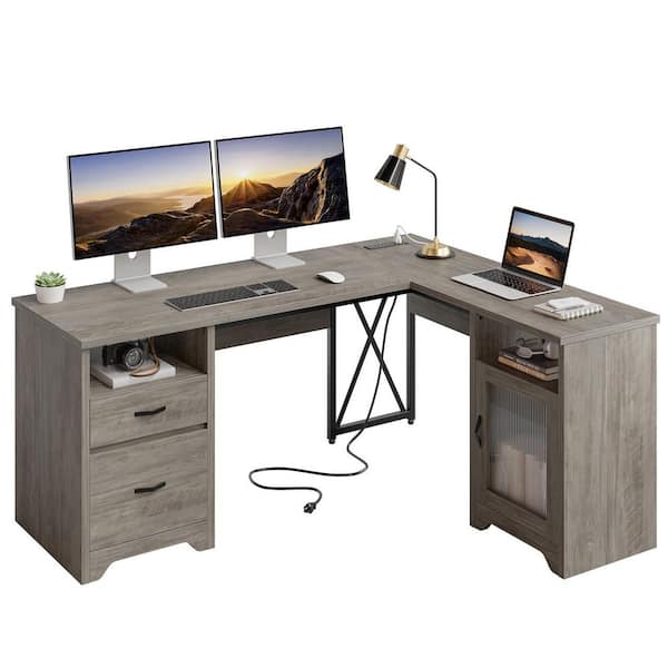 63" L Shaped Gray Wood Corner Desk with Sunlight Door and Power Hub, Computer Desk with Storage Drawers and Open Shelves
