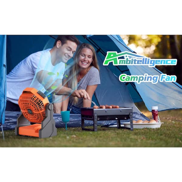 Adrinfly - Camping Fan 10400mAh Portable USB Powered 7 in. 1 fan speeds Desk Fan in Orange with LED Lantern for Camping w/Hook