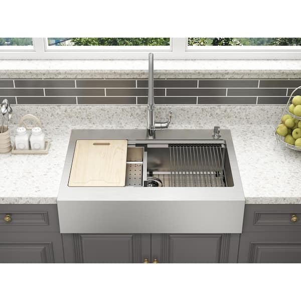 Blanchard Retrofit Workstation DualMount Stainless Steel 33in. 2Hole Single Bowl Flat Farmhouse Apron Front Kitchen Sink