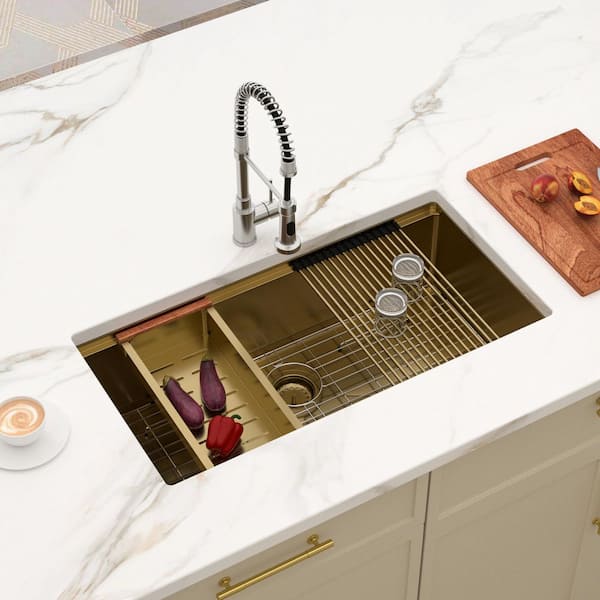 33 in. x 19 in. Gold Undermount Single Bowl 16 Gauge Stainless Steel Workstation Kitchen Sink with Sink Accessories