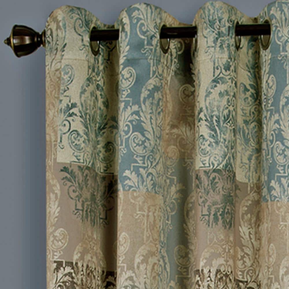 Blue and Beige Polyester Room Darkening Grommet Curtain Panel