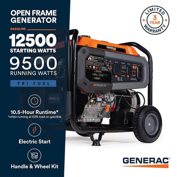 12500/9500-Watt Tri-Fuel Portable Generator, Easy-To-Use Electric Start, Wheel and Handle Kit Included