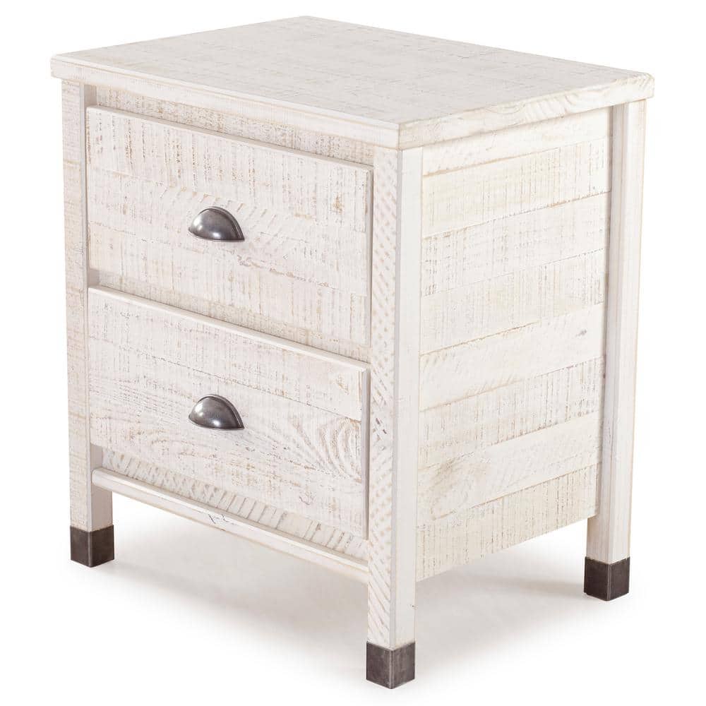 Baja Rustic Shabby White Solid Wood 2-Drawer Nightstand
