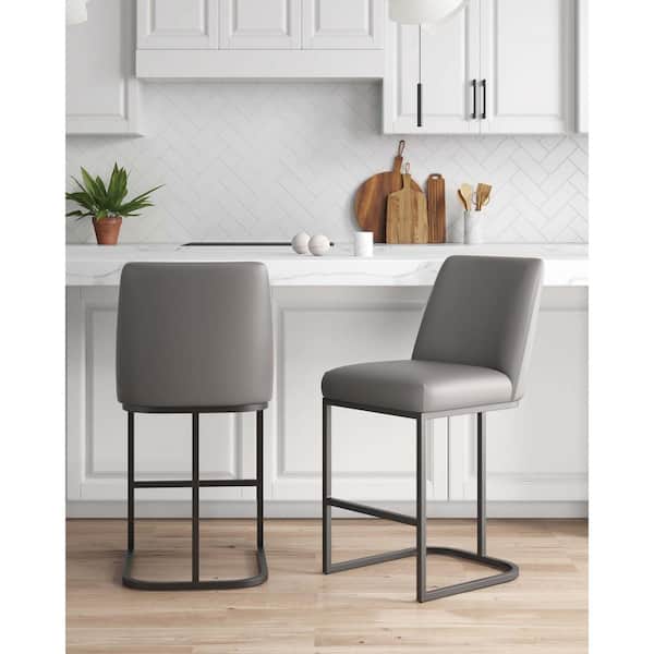 Manhattan Comfort Serena Modern 26.37 in. Grey Metal Counter Stool with Leatherette Upholstered Seat (Set of 2)