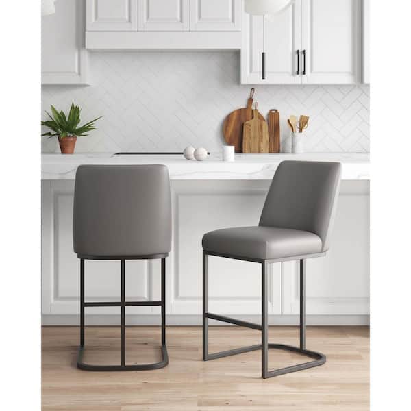 Manhattan Comfort Serena 26.37 in. Modern Grey Metal Counter Stool with Faux Leather Upholstered Seat (Set of 2)