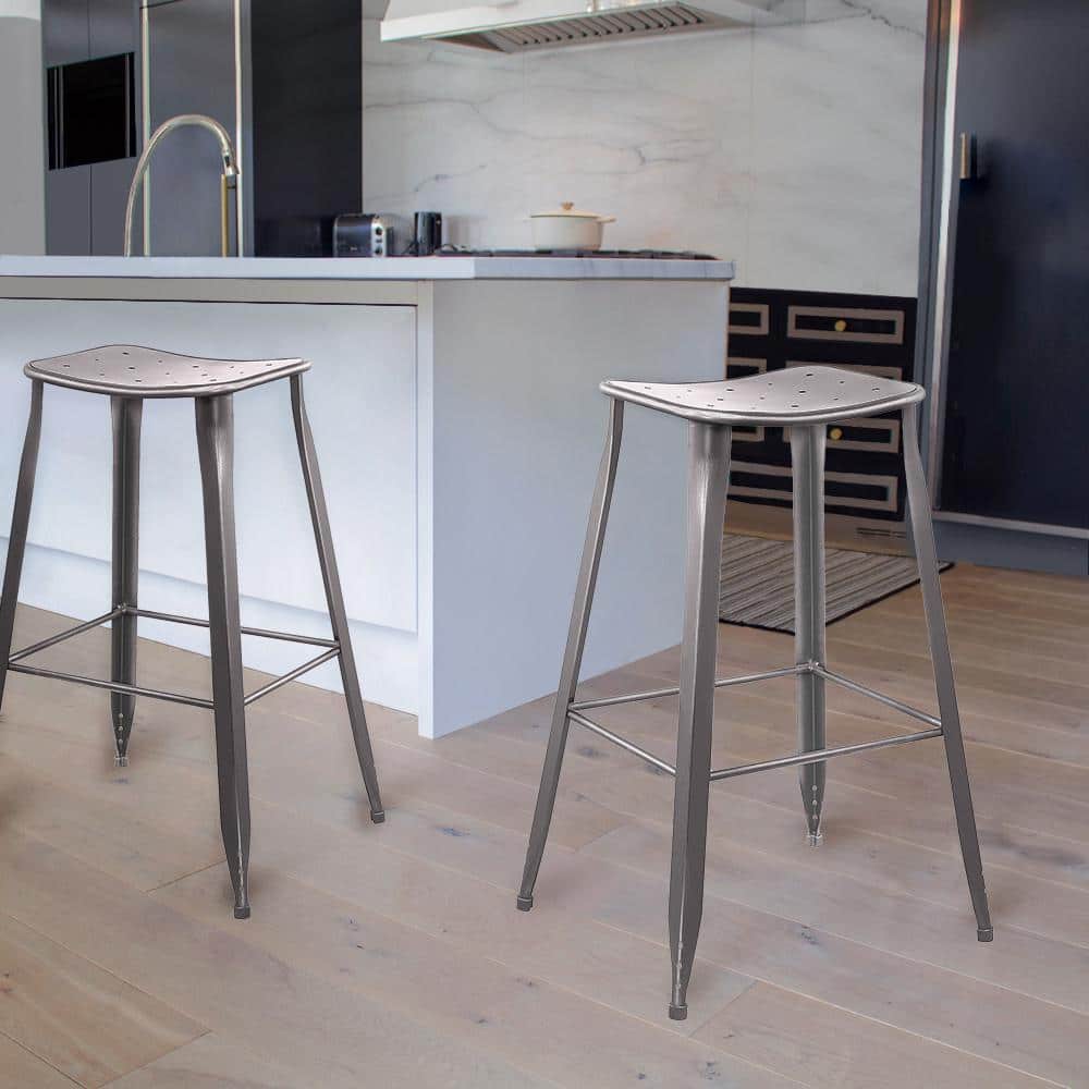Gunmetal Gray Saddle Backless Metal Barstools, Set of 2