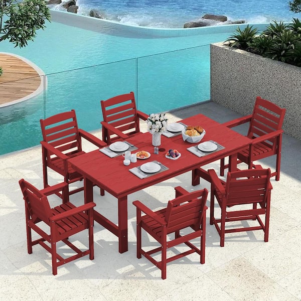 JEAREY HDPE 7-Piece Plastic Rectangle Table Standard Height Outdoor Dining Set in Dark Red