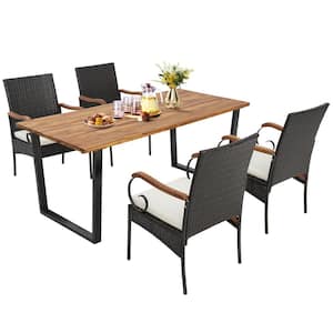 5 Piece Wicker Outdoor Dining Set Acacia Wood Table 6 Rattan Chairs with Umbrella Hole and White Cushions