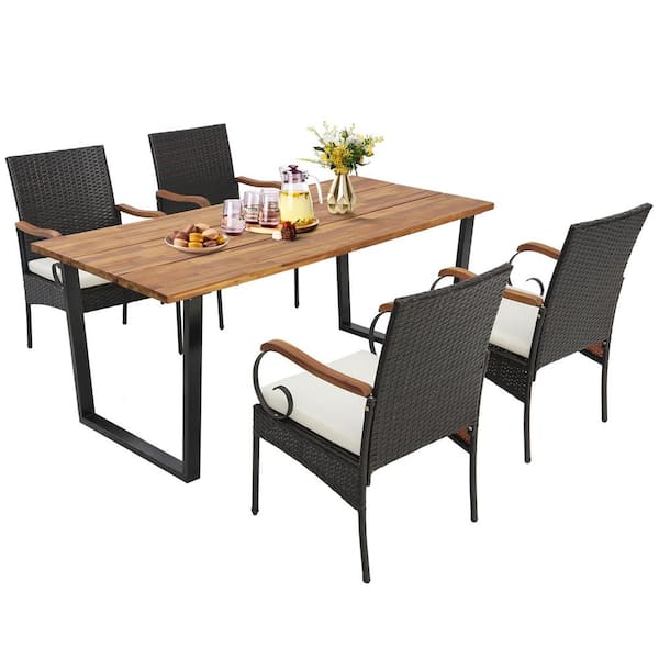 Costway 5 Piece Wicker Outdoor Dining Set Acacia Wood Table 6 Rattan Chairs with Umbrella Hole and White Cushions