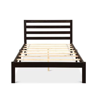 77 in. L x 43.5 in. W x 36.5 in. H Espresso Wood Platform Bed Twin Size Bed Frame
