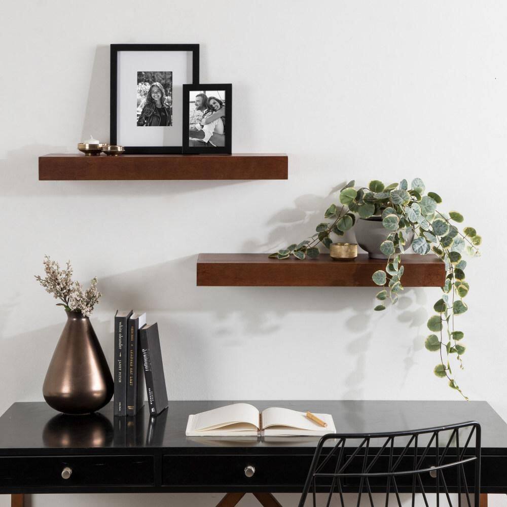 Mid-Century Modern Walnut Brown Solid Wood Floating Shelves, Set of 2