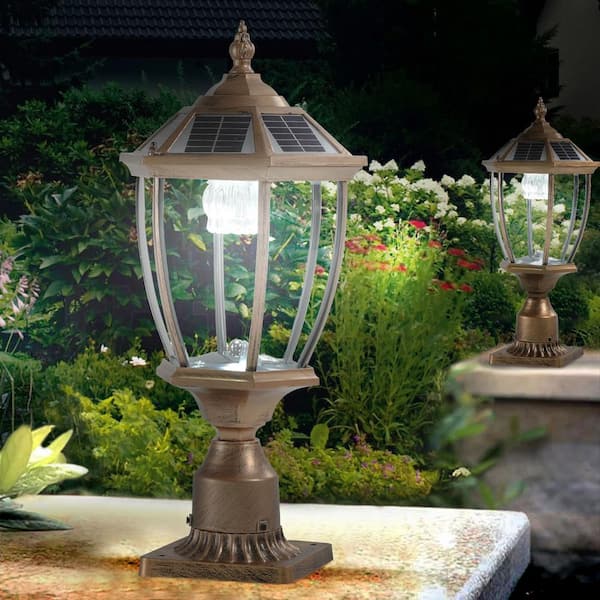 2-Light Bronze Aluminum Outdoor Weather Resistant Solar Post Light Set with LED Light