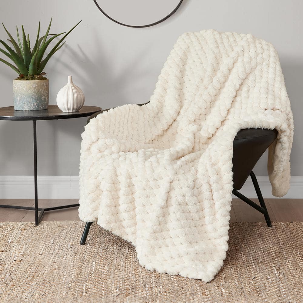 Embossed Cable Rabbit Ivory 50 in. 70 in. Plush Faux Fur Throw