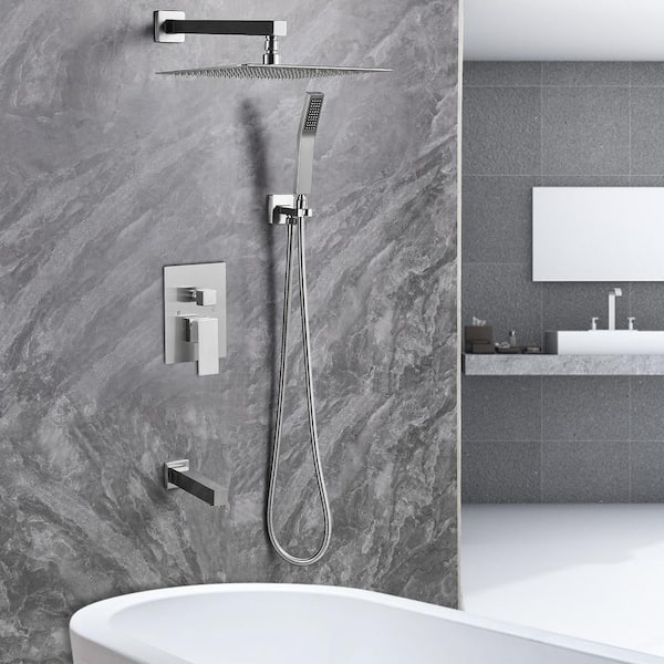 Rainfall 1-Spray Square 12 in. Tub and Shower Faucet with Hand Shower in Brushed Nickel (Valve Included)