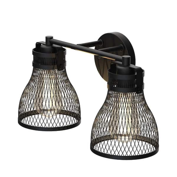 Carnegie 16.3 in. 14-Watt 2-Light Black Industrial Bathroom Vanity Light with Woven Mesh Shade, Bulbs Included