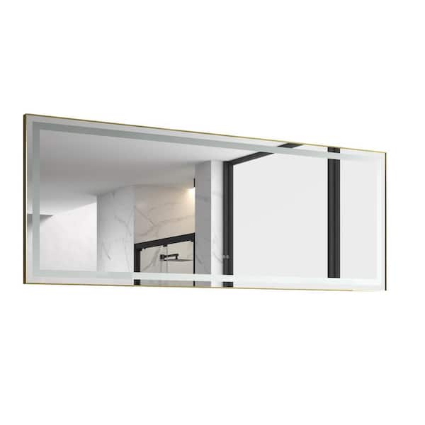 Interbath 118 in. W x 36 in. H Oversized Rectangular Framed LED Light Anti-Fog Wall Bathroom Vanity Mirror in Gold