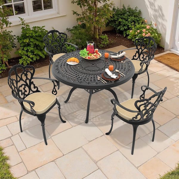 5-Piece Black Cast Aluminum Outdoor Dining Set with Off-White Cushions