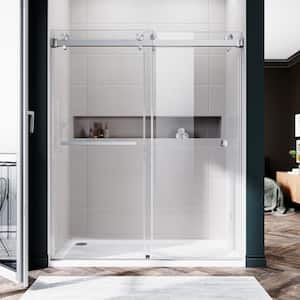 UKD01 56 to 60 in. W x 72 in. H Double Sliding Frameless Shower Door in Brushed Nickel, EnduroShield 3/8 in. Clear Glass