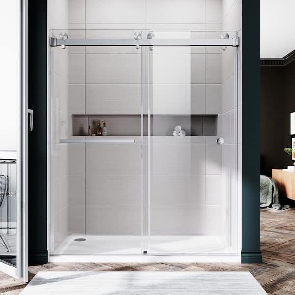 UNIKOO UKD01 56 to 60 in. W x 72 in. H Double Sliding Frameless Shower Door in Brushed Nickel, EnduroShield 3/8 in. Clear Glass