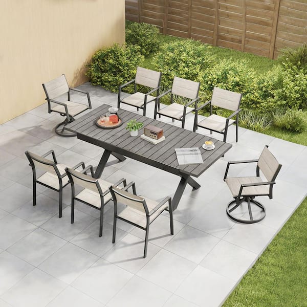 Black and Gray Oak 9-Piece Aluminum Rectangular Outdoor Dining Set with 2 Swivel Chairs