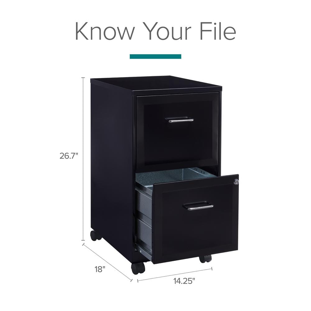 Black 18" Mobile 2-Drawer Lockable Vertical File Cabinet