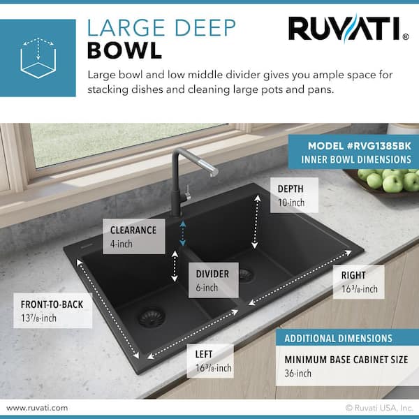 Allen + Roth Kenji Dual-Mount 33-in x 22-in Nero Granite Double Equal Bowl 3-Hole Kitchen Sink in Black | CLTN200DM13