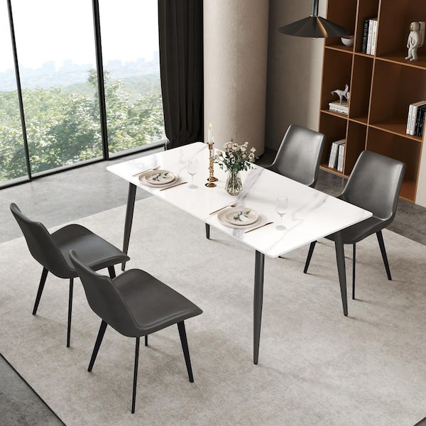 J&E Home White Rectangle Sintered Stone Marble 62.99 in. Pedestal Dining Table Seats 6 with Metal Gray Legs